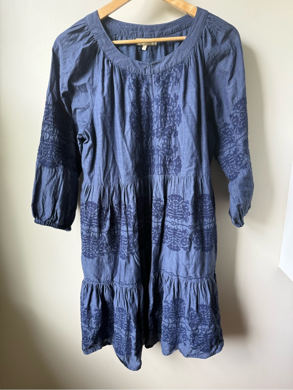 RUBY YAYA‎ Embroidered Peasant Dress Tiered Cottagecore Cross Stitch Boho Blue M